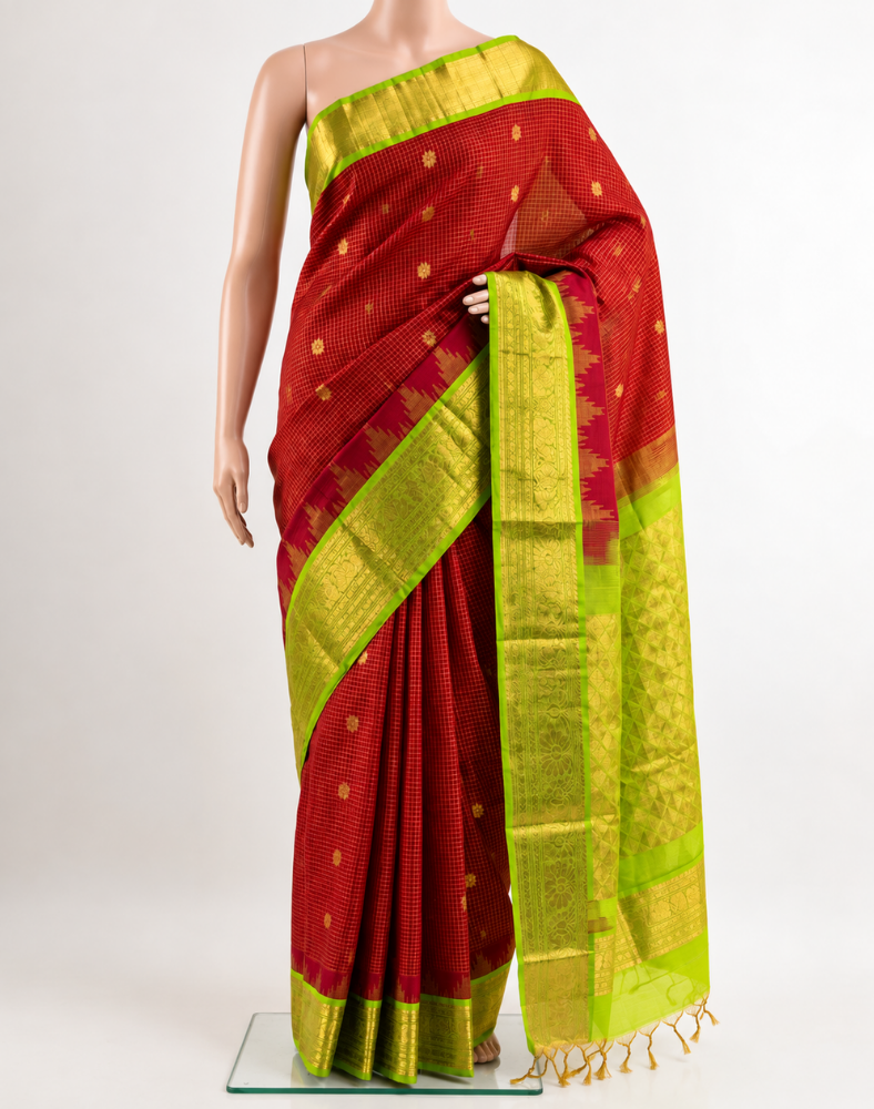 Red silk cotton handloom saree with parrot green golden border