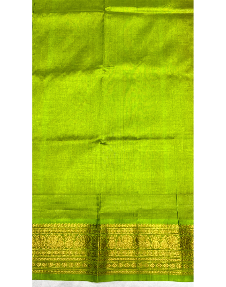 Red silk cotton handloom saree with parrot green golden border