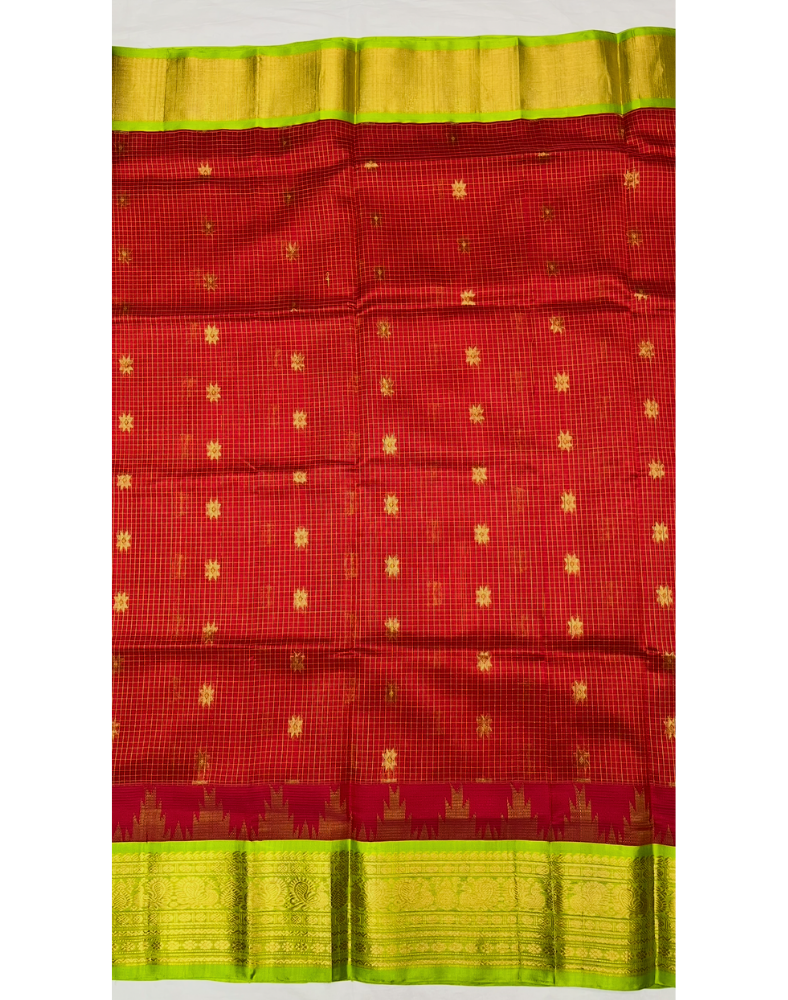 Red silk cotton handloom saree with parrot green golden border