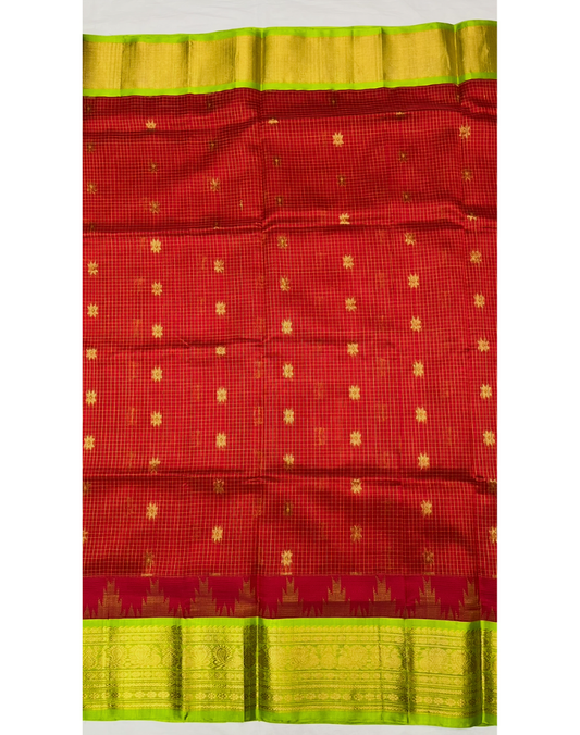 Red silk cotton handloom saree with parrot green golden border