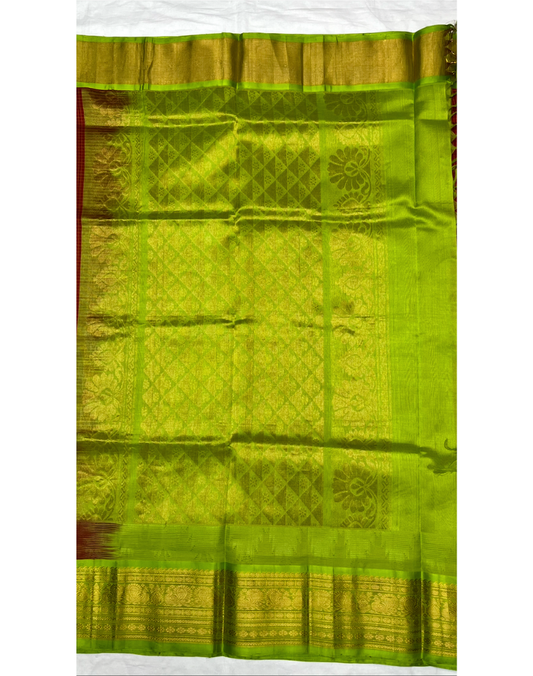 Red silk cotton handloom saree with parrot green golden border