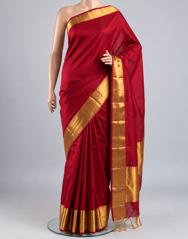 Red handloom pure silk cotton saree with golden borders