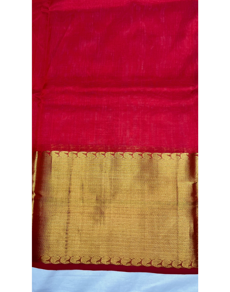 Red handloom pure silk cotton saree with golden borders