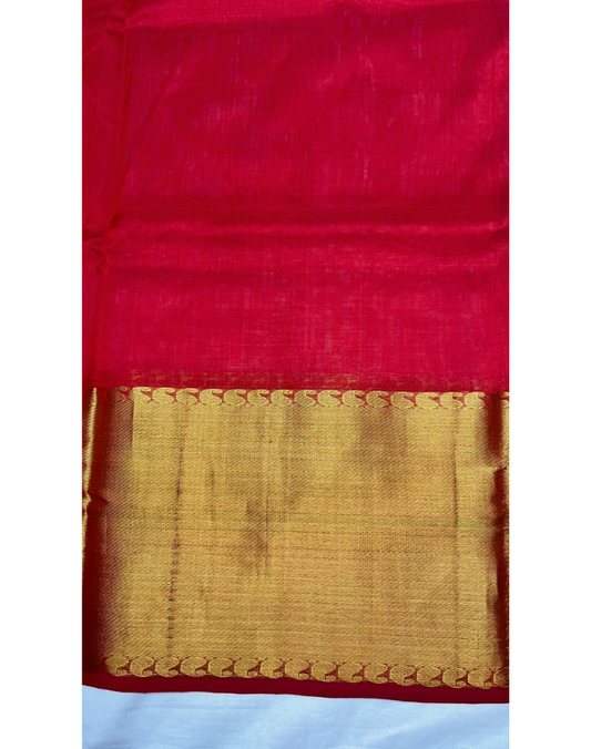 Red handloom pure silk cotton saree with golden borders