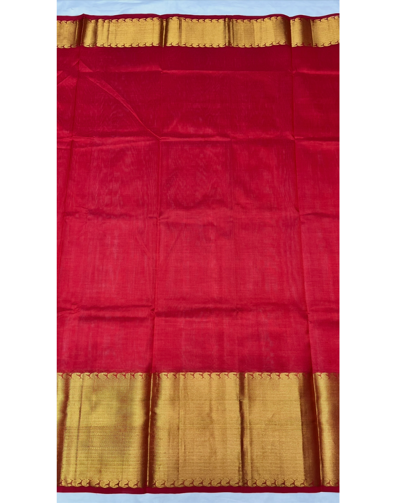 Red handloom pure silk cotton saree with golden borders