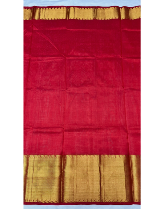 Red handloom pure silk cotton saree with golden borders