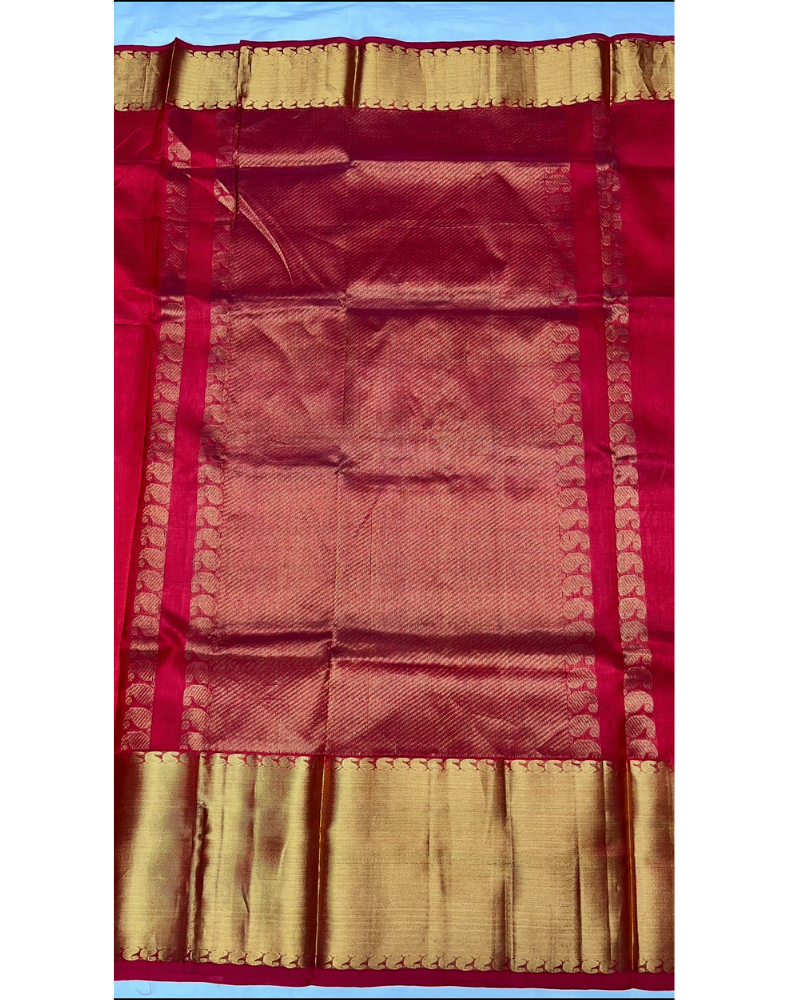 Red handloom pure silk cotton saree with golden borders