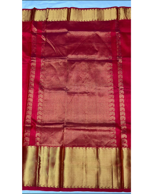 Red handloom pure silk cotton saree with golden borders