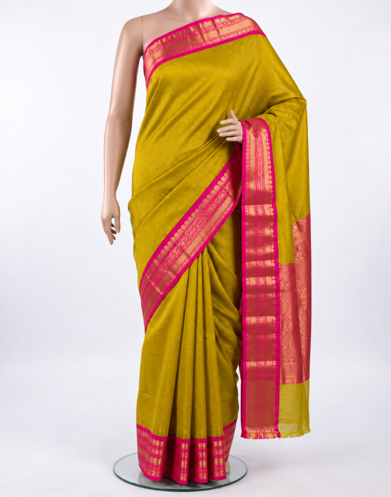 Lime yellow handloom silk cotton saree with bright pink contrast border