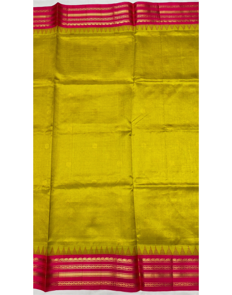 Lime yellow handloom silk cotton saree with bright pink contrast border