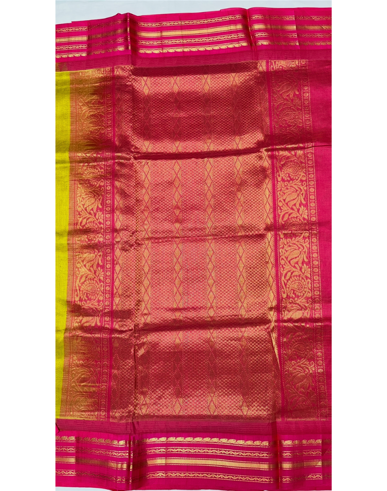 Lime yellow handloom silk cotton saree with bright pink contrast border