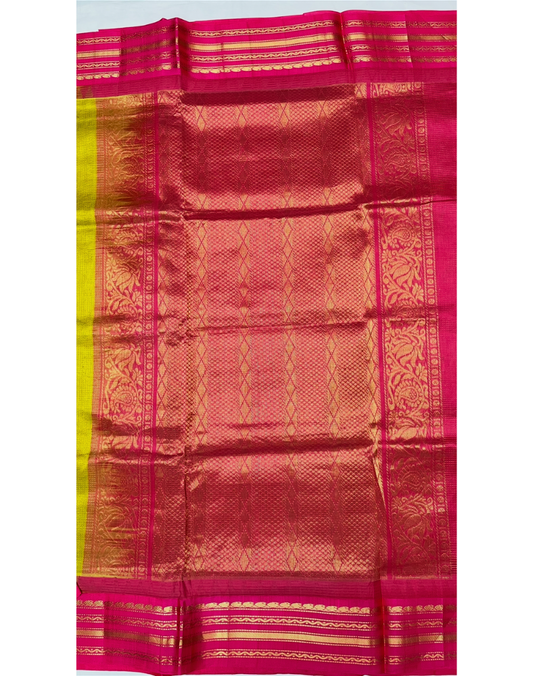 Lime yellow handloom silk cotton saree with bright pink contrast border