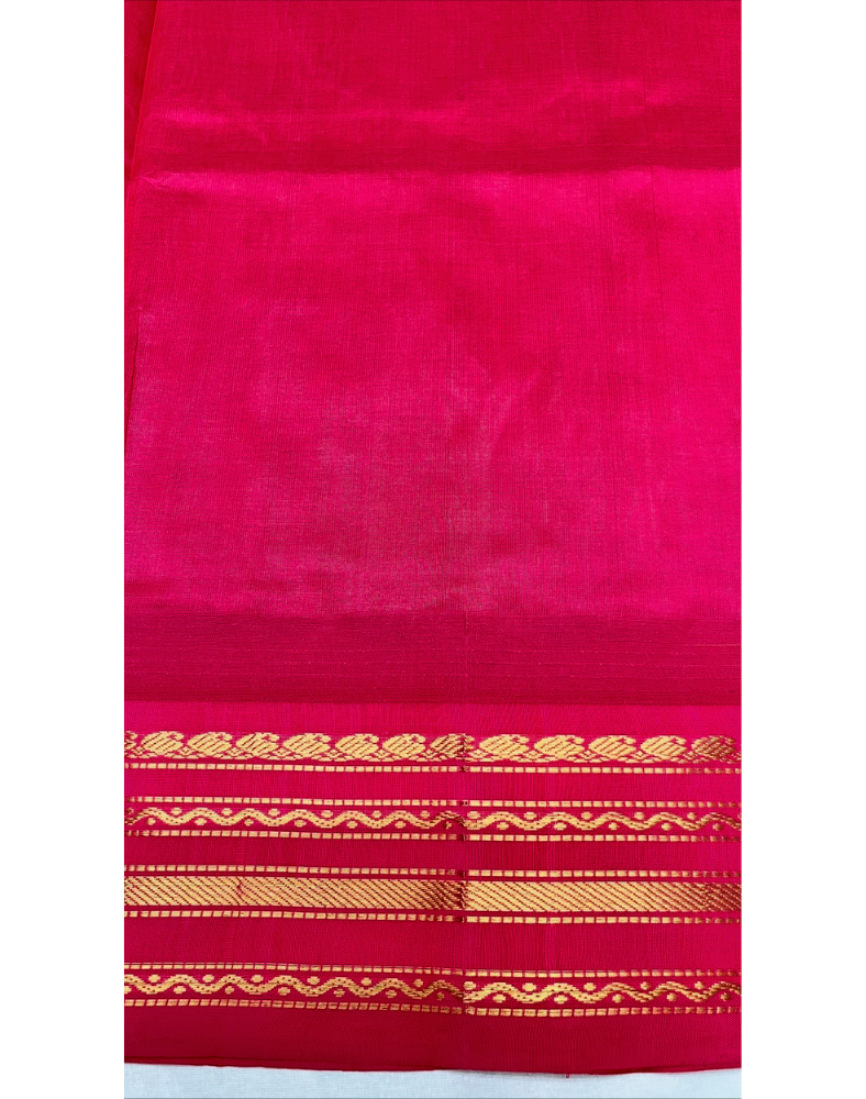 Lime yellow handloom silk cotton saree with bright pink contrast border