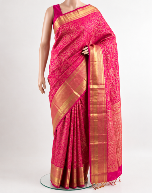 Pure silk pure zari handloom Rani pink brocade Kanjivaram saree
