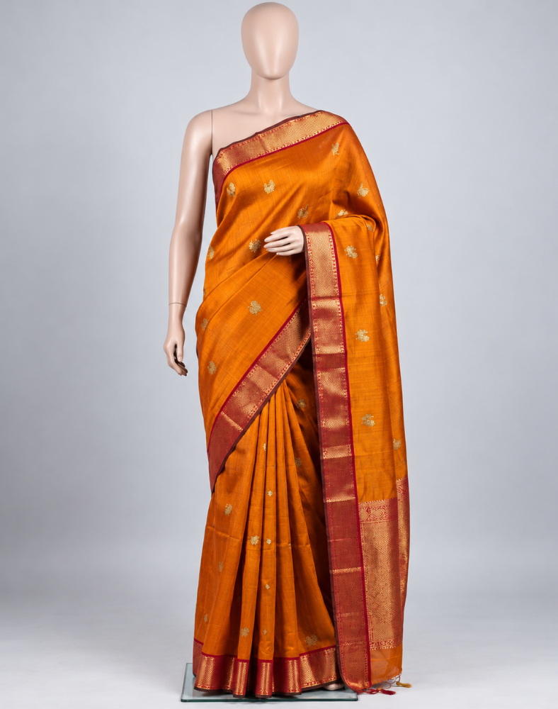 Pure silk pure zari handwoven mustard dual tone Kanjivaram saree with contrast red border