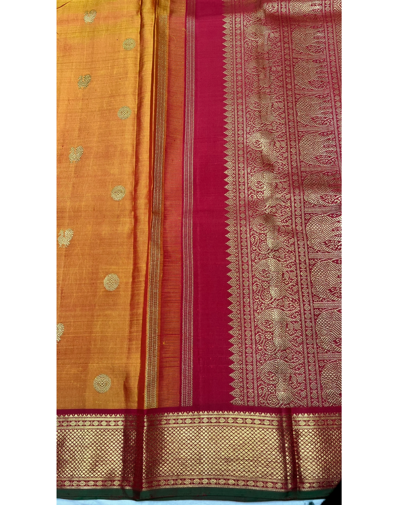 Pure silk pure zari handwoven mustard dual tone Kanjivaram saree with contrast red border