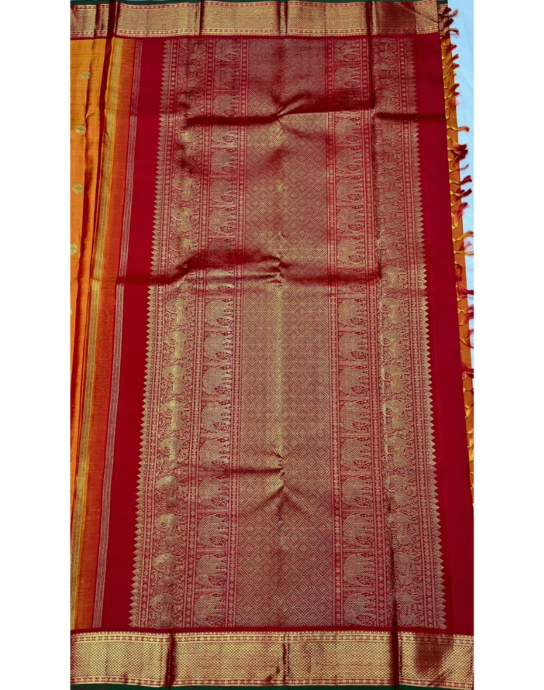 Pure silk pure zari handwoven mustard dual tone Kanjivaram saree with contrast red border