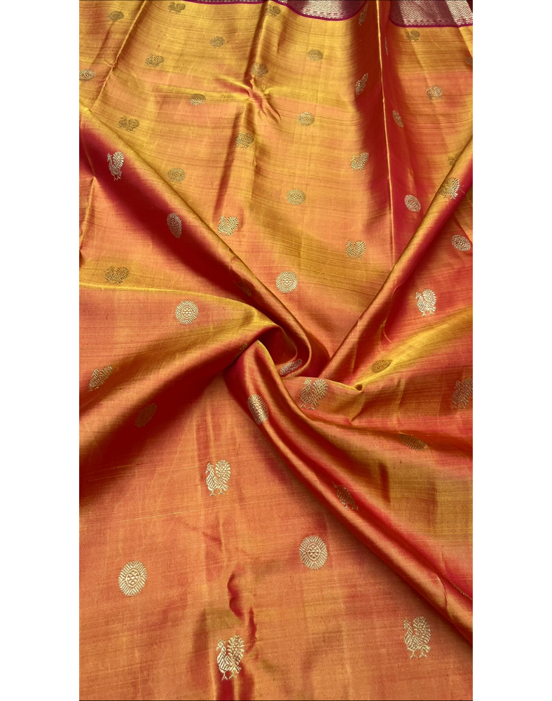 Pure silk pure zari handwoven mustard dual tone Kanjivaram saree with contrast red border