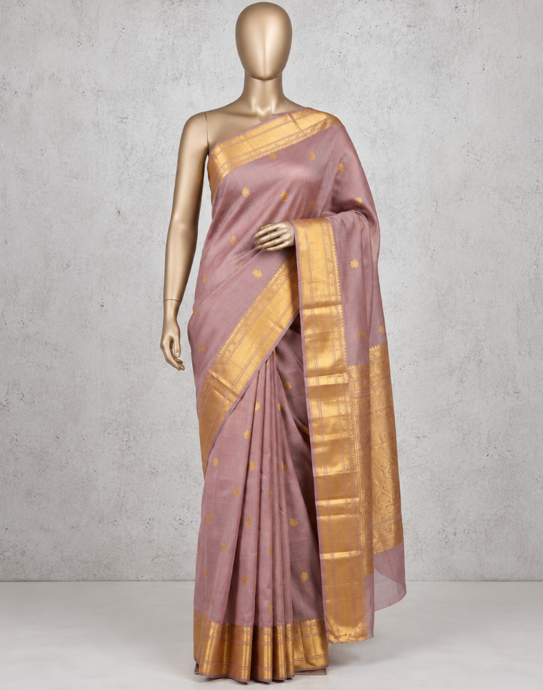 Pure silk pure zari handwoven dusty mauve tone Kanjivaram saree