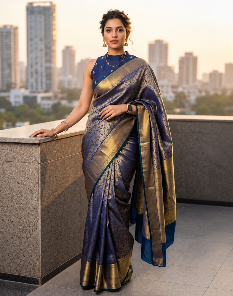 Pure silk pure zari peacock blue dual tone brocade Kanjivaram saree