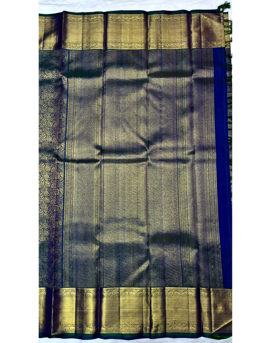 Pure silk pure zari peacock blue dual tone brocade Kanjivaram saree