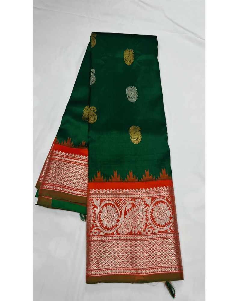 Bottle Green Handwoven Gadwal Silk Saree with Orange Kuttu Border