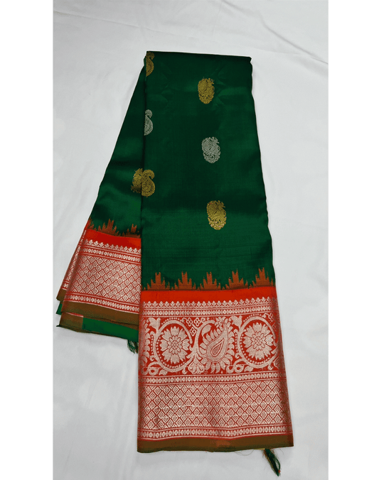 Bottle Green Handwoven Gadwal Silk Saree with Orange Kuttu Border