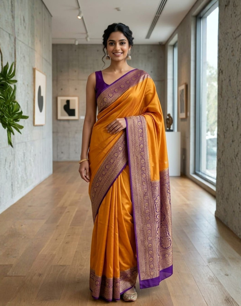 Mustard yellow pure Banarasi Khaddi crepe silk saree with contrast purple border