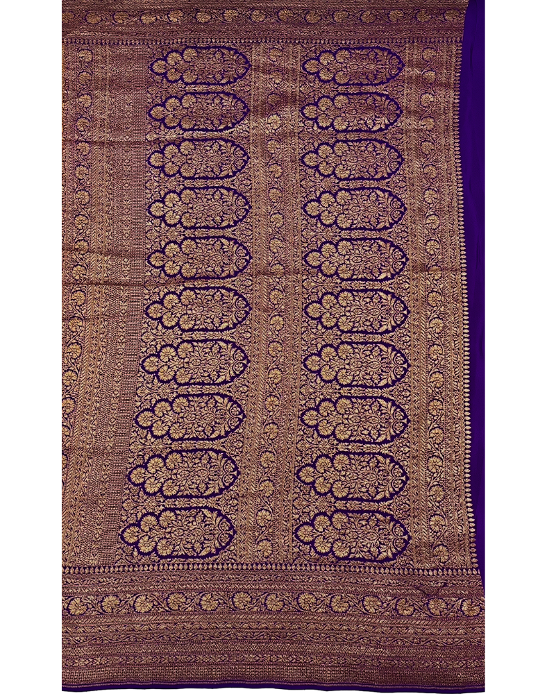 Mustard yellow pure Banarasi Khaddi crepe silk saree with contrast purple border
