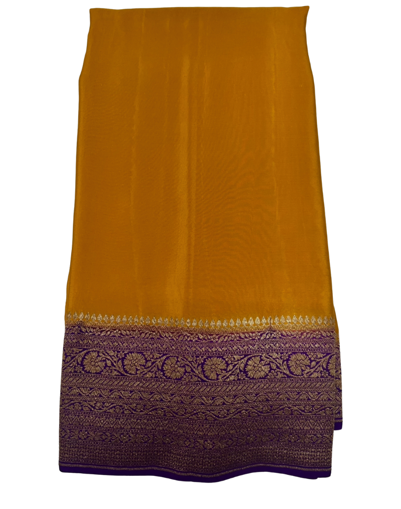 Mustard yellow pure Banarasi Khaddi crepe silk saree with contrast purple border