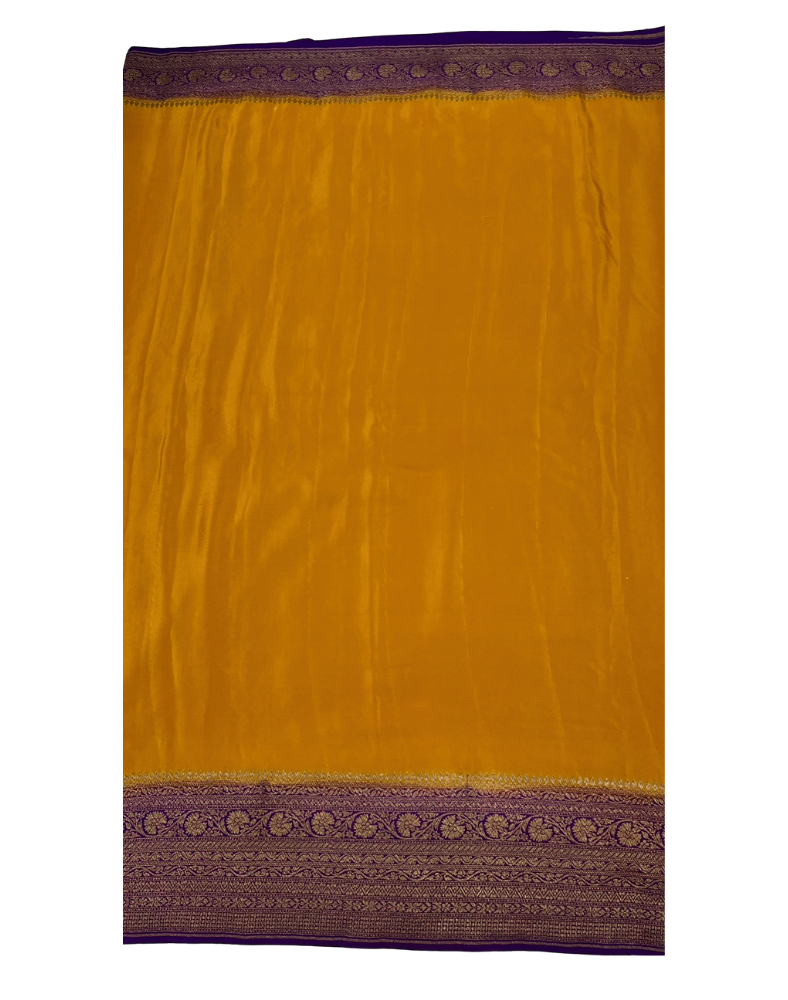 Mustard yellow pure Banarasi Khaddi crepe silk saree with contrast purple border