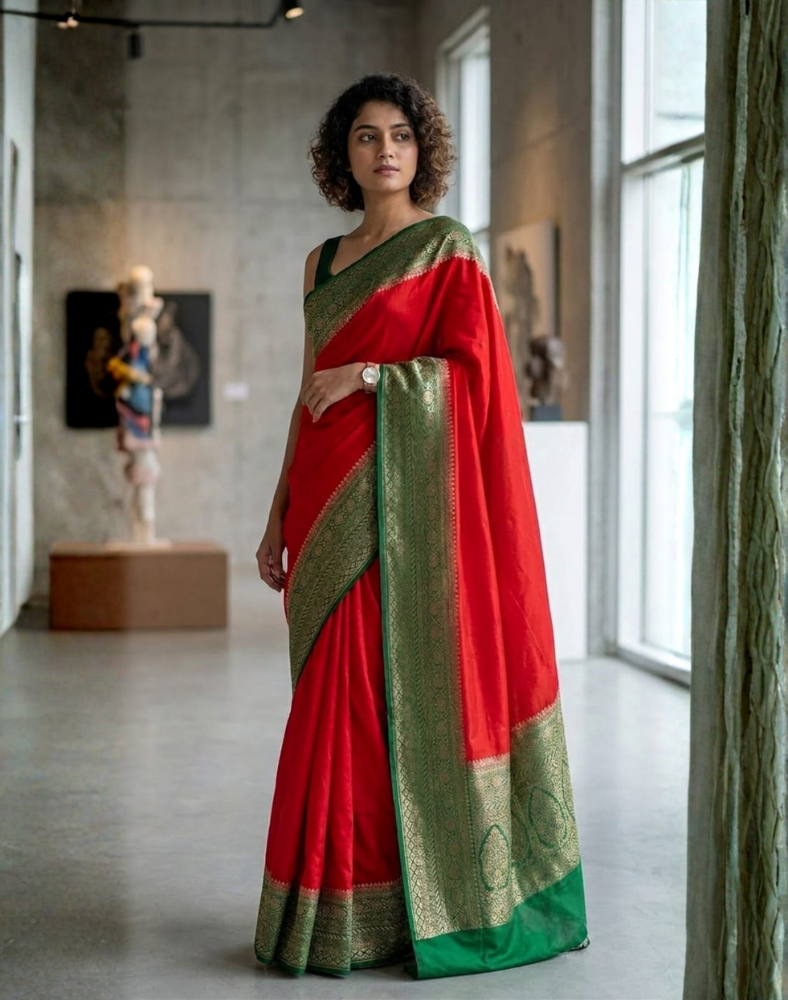 Chilli red pure Banarasi Khaddi crepe silk saree with contrast forest green border