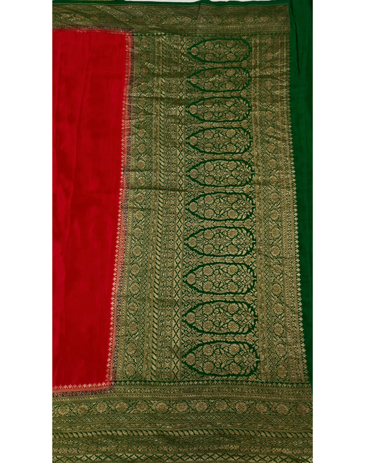 Chilli red pure Banarasi Khaddi crepe silk saree with contrast forest green border