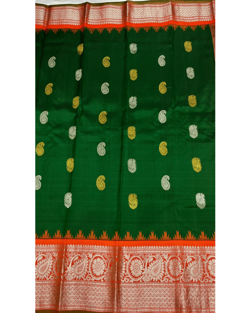 Bottle Green Handwoven Gadwal Silk Saree with Orange Kuttu Border