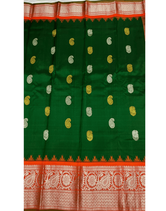 Bottle Green Handwoven Gadwal Silk Saree with Orange Kuttu Border