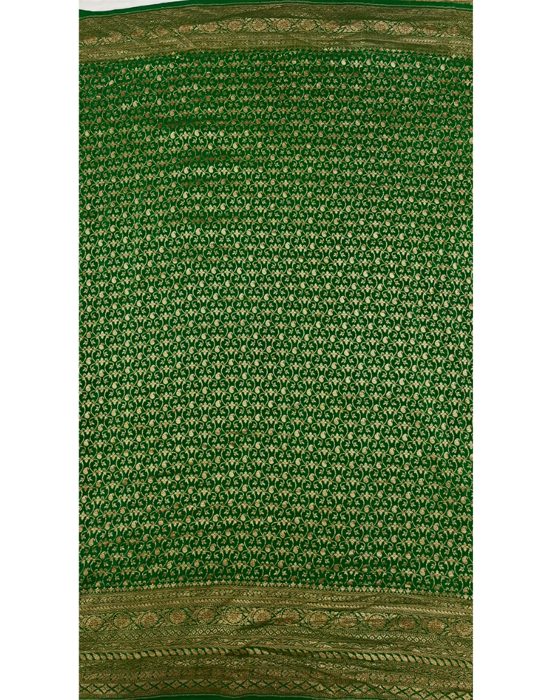Chilli red pure Banarasi Khaddi crepe silk saree with contrast forest green border