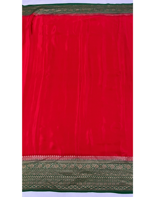 Chilli red pure Banarasi Khaddi crepe silk saree with contrast forest green border