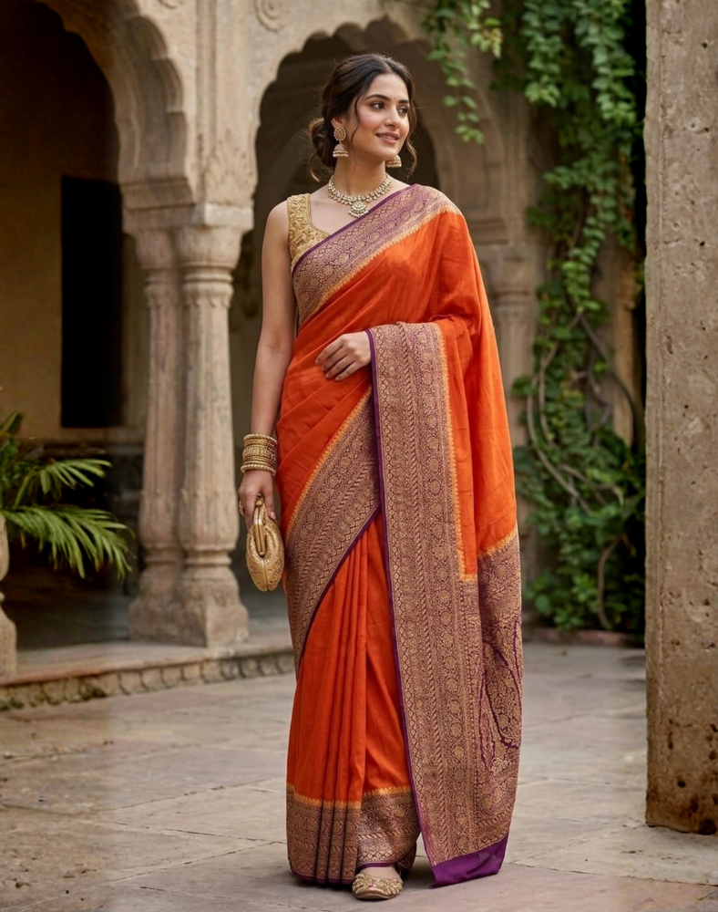 Rust orange pure Banarasi Khaddi crepe silk saree with contrast wine border