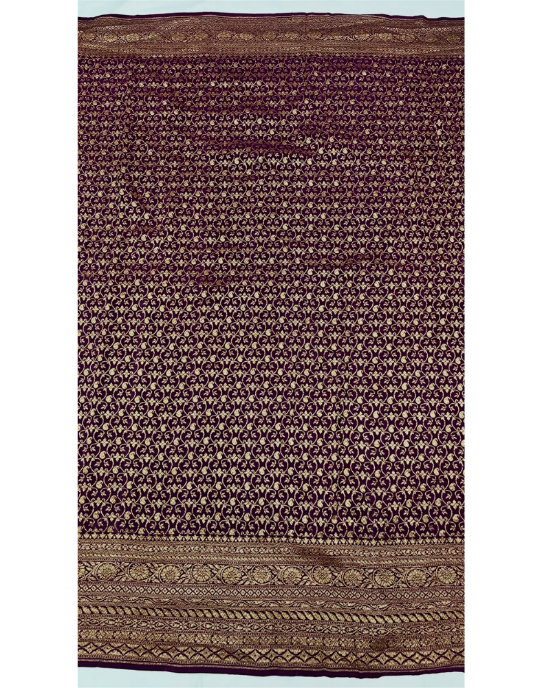 Rust orange pure Banarasi Khaddi crepe silk saree with contrast wine border