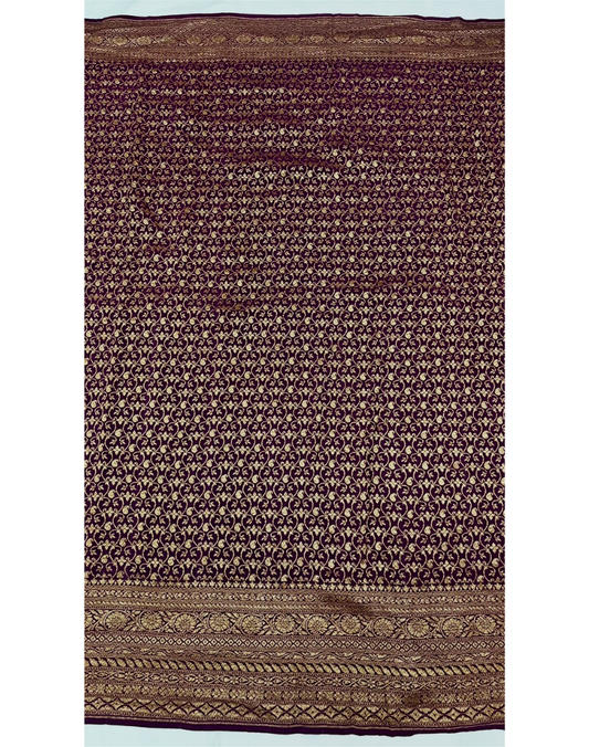 Rust orange pure Banarasi Khaddi crepe silk saree with contrast wine border