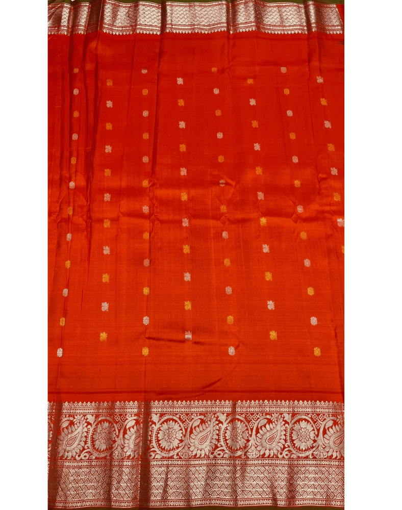 Bottle Green Handwoven Gadwal Silk Saree with Orange Kuttu Border