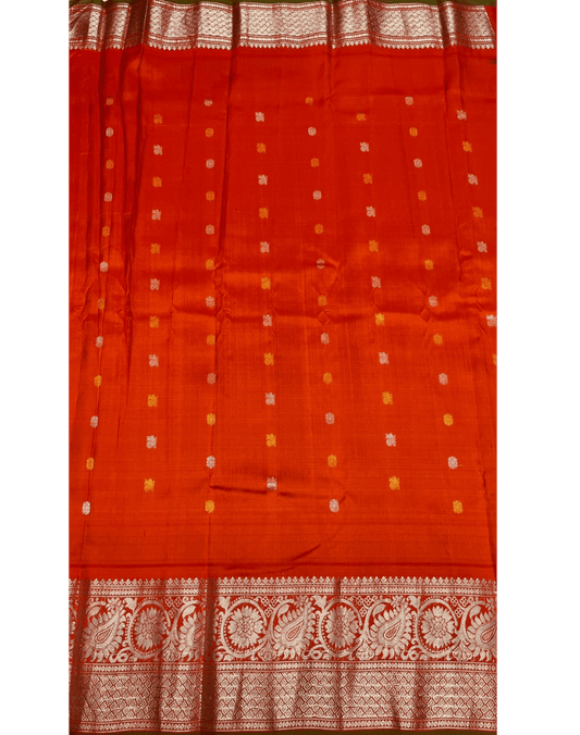 Bottle Green Handwoven Gadwal Silk Saree with Orange Kuttu Border