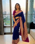 Dark blue pure Banarasi Khaddi crepe silk saree with contrast wine border