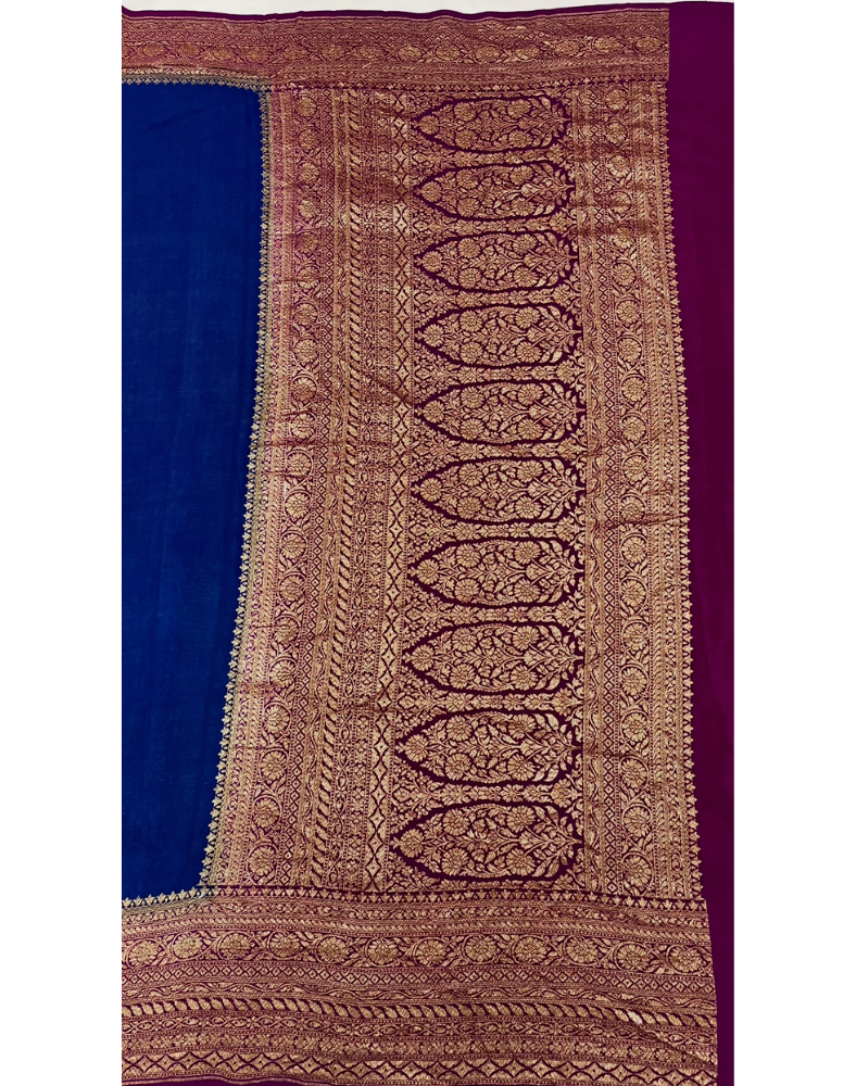 Dark blue pure Banarasi Khaddi crepe silk saree with contrast wine border