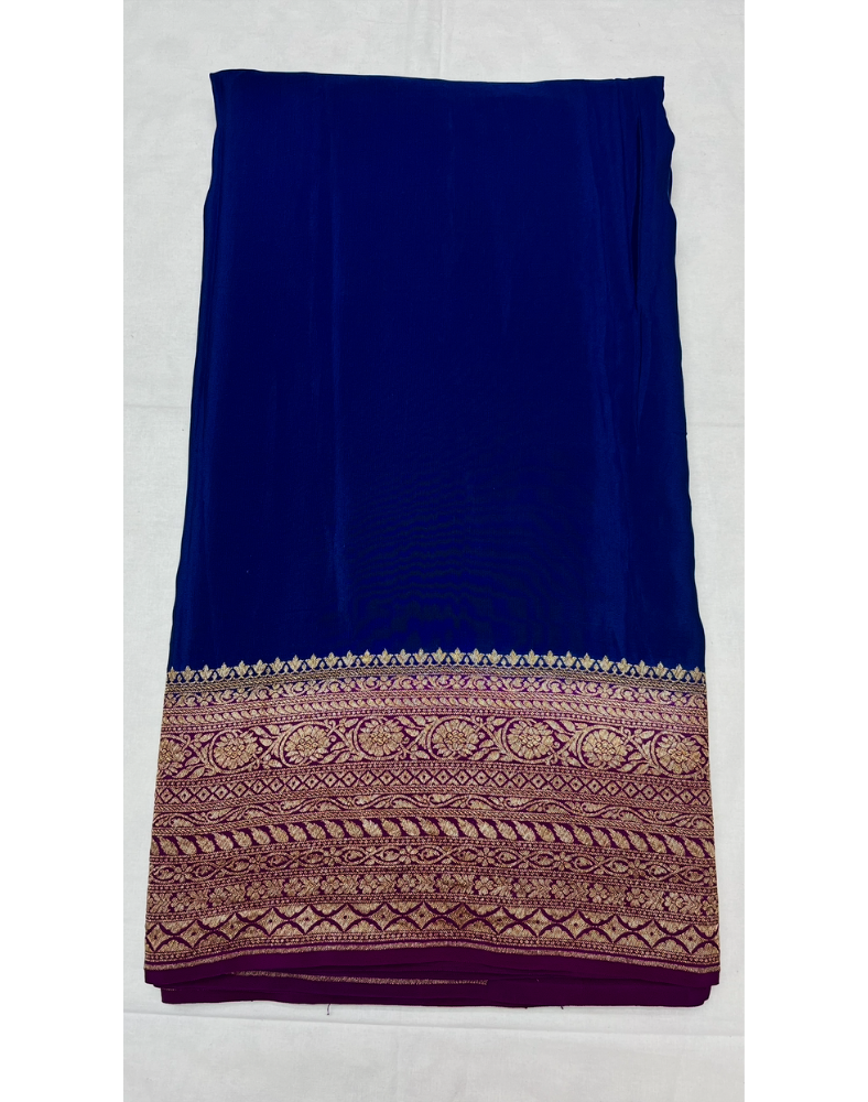 Dark blue pure Banarasi Khaddi crepe silk saree with contrast wine border