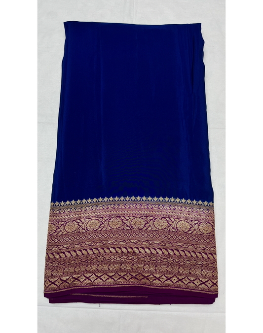 Dark blue pure Banarasi Khaddi crepe silk saree with contrast wine border