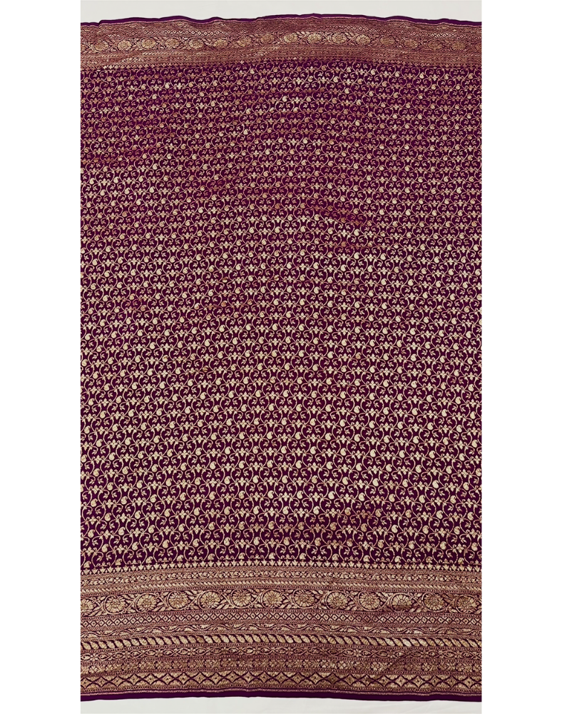 Dark blue pure Banarasi Khaddi crepe silk saree with contrast wine border