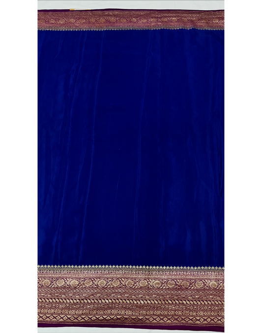Dark blue pure Banarasi Khaddi crepe silk saree with contrast wine border