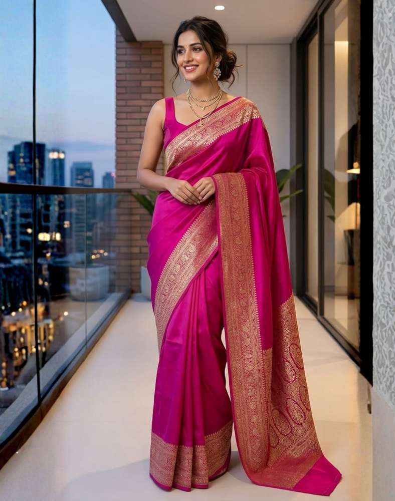 Hot pink pure Banarasi Khaddi crepe silk saree
