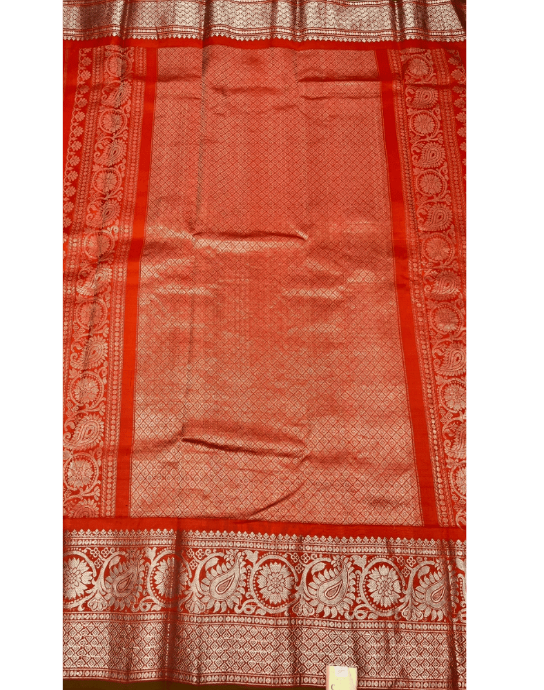 Bottle Green Handwoven Gadwal Silk Saree with Orange Kuttu Border